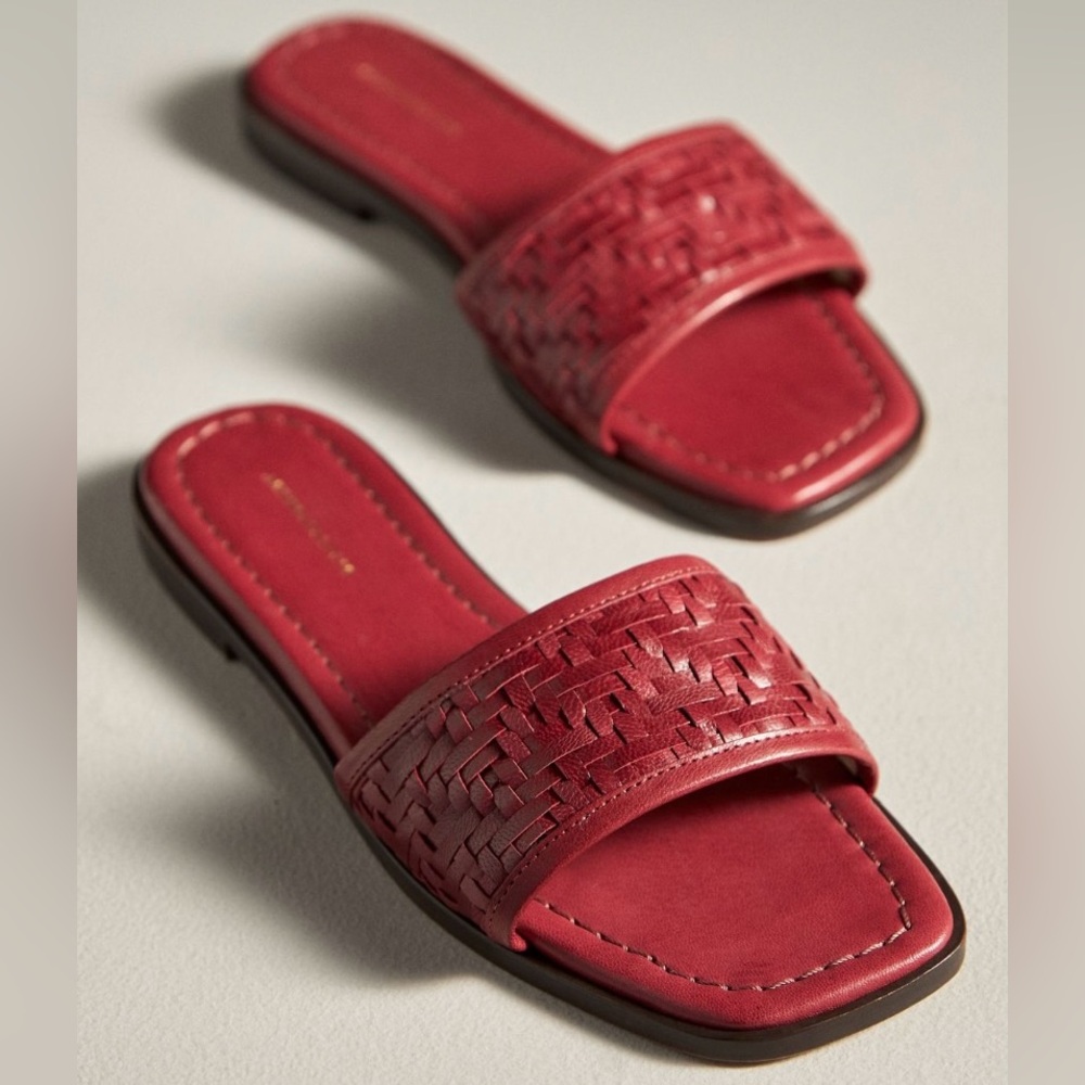 🟠NWT ANTHROPOLOGIE Woven Leather Slide Sandals in Red Sz 8-8.5